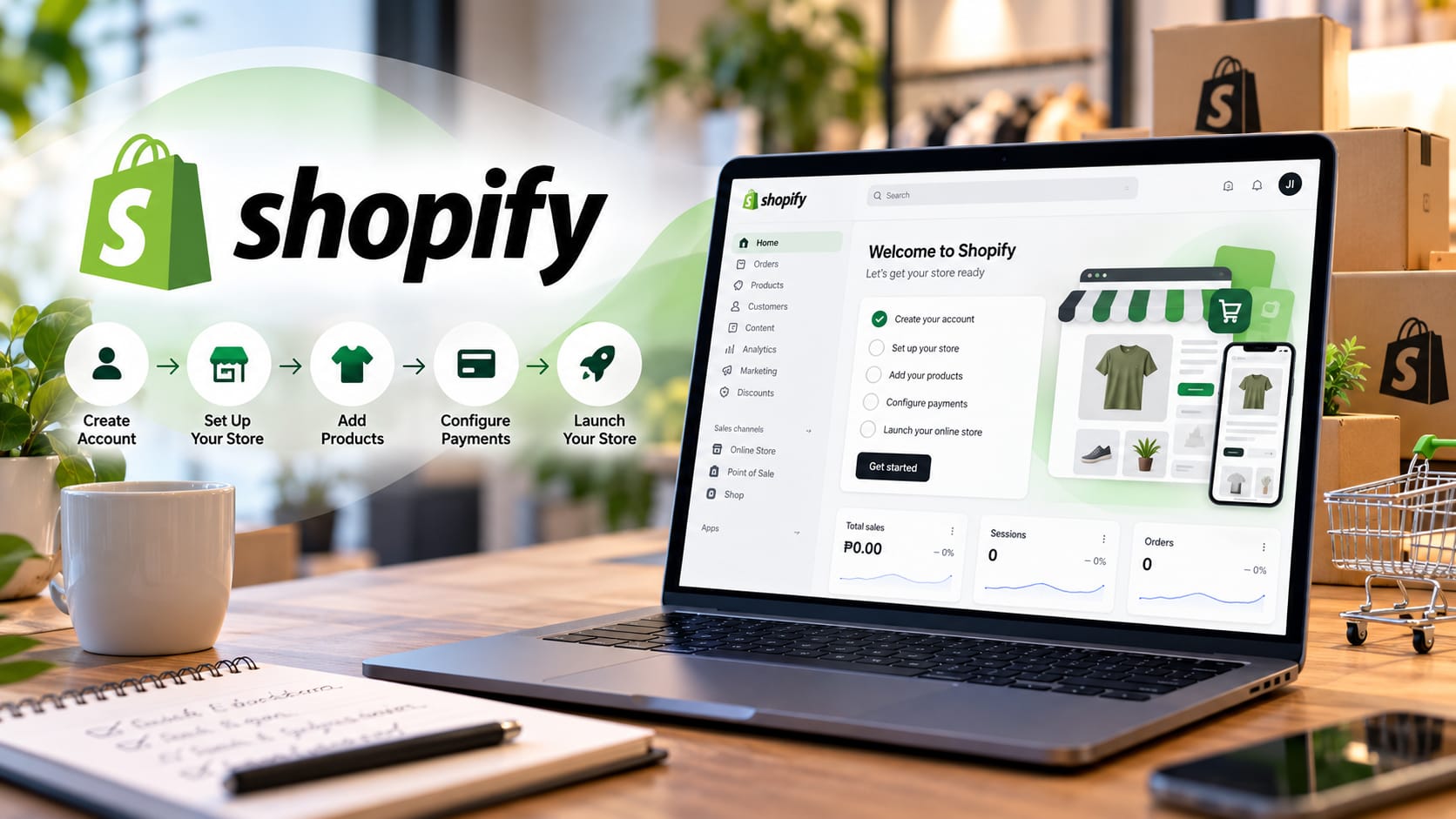 Laptop showing the Shopify admin dashboard with a setup checklist, beside five steps to set up a Shopify account: create account, set up store, add products, configure payments, launch