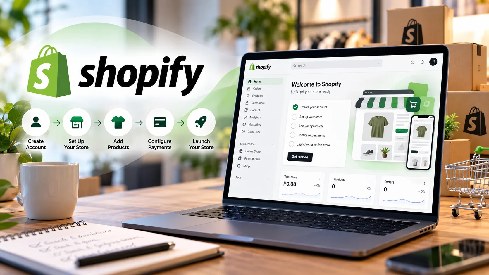 Laptop showing the Shopify admin dashboard with a setup checklist, beside five steps to set up a Shopify account: create account, set up store, add products, configure payments, launch