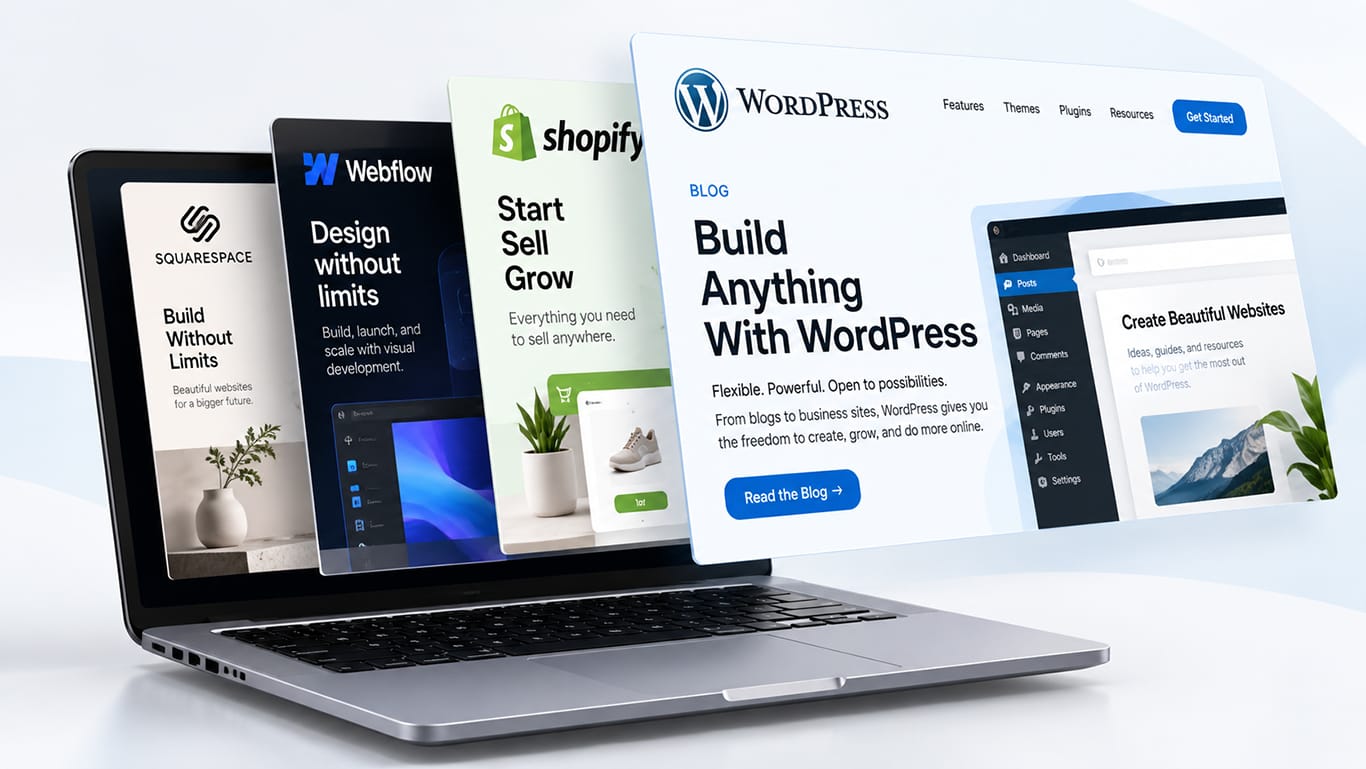 WordPress vs Shopify vs Webflow vs Squarespace CMS comparison for choosing a business website platform
