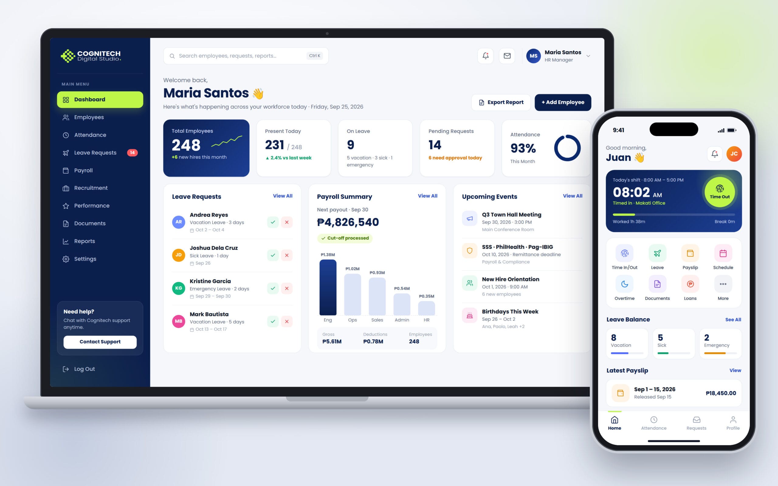Custom HRIS dashboard on a laptop and employee mobile app on a phone, showing attendance, leave requests and payroll, built by Cognitech Digital Studio
